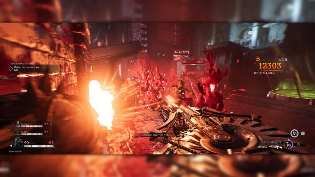 First-person view from Painkiller showing a player firing a weapon at red demonic enemies during an intense wave battle