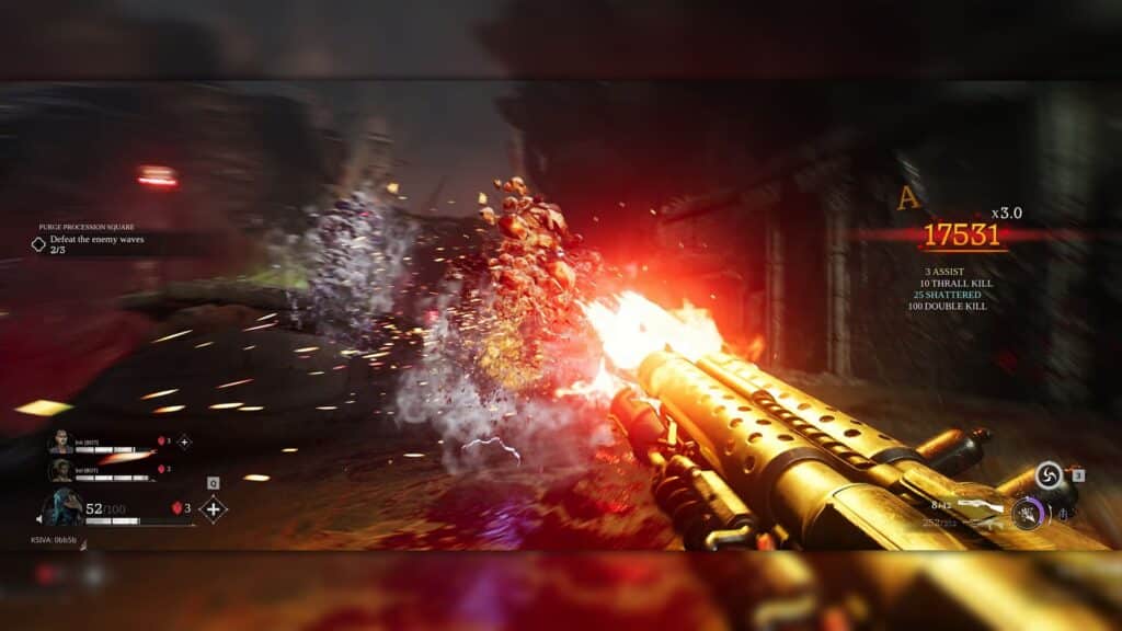First-person scene from Painkiller showing the player blasting enemies with a fiery shotgun as explosions