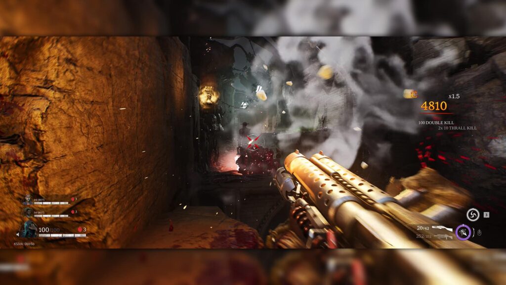 First-person view from Painkiller showing a player firing a golden shotgun in a dark, gothic corridor