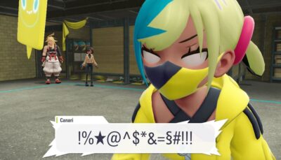 A close-up of a masked character in a yellow outfit shouting angrily, with two other characters standing in the background inside a garage-like room