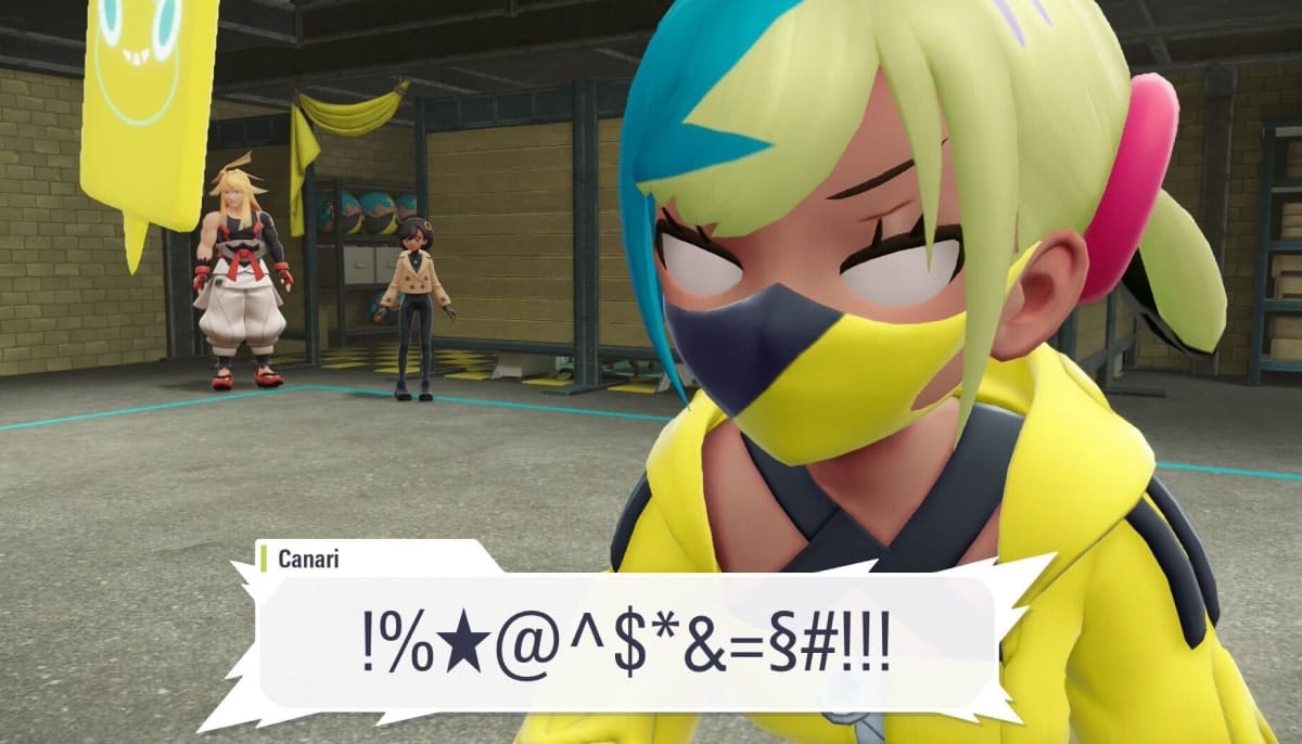 A close-up of a masked character in a yellow outfit shouting angrily, with two other characters standing in the background inside a garage-like room