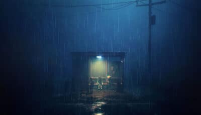A small shelter in heavy rain, dimly lit by a single lightbulb in Reanimal