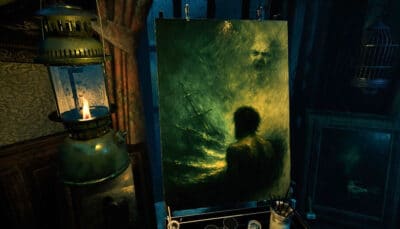 A painting shows a dark, stormy sea with a lone figure facing a shipwreck. A ghostly face looms in the storm in The Last Case of John Morley