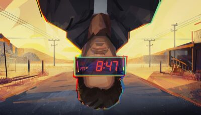 An upside-down man with a digital clock overlay at 8:47 p.m. lies on a desert road in Rue Valley.