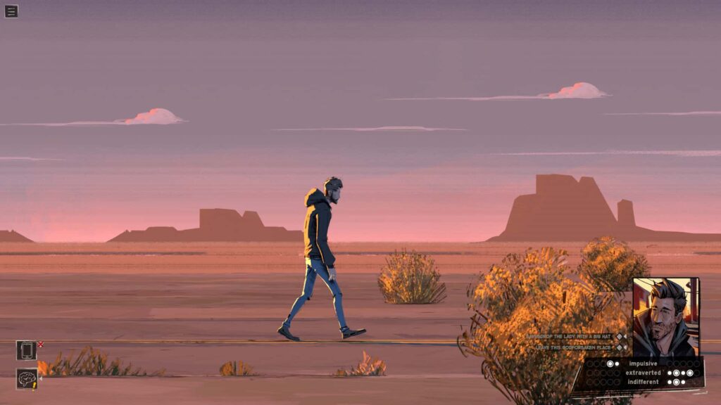 A man walks alone through a vast desert at sunset in Rue Valley.