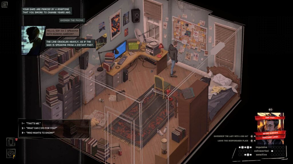 A man answers a mysterious phone call in his cluttered apartment in Rue Valley