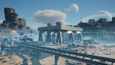 Futuristic landscape with a space station, monorail, and rocky terrain in Satisfactory