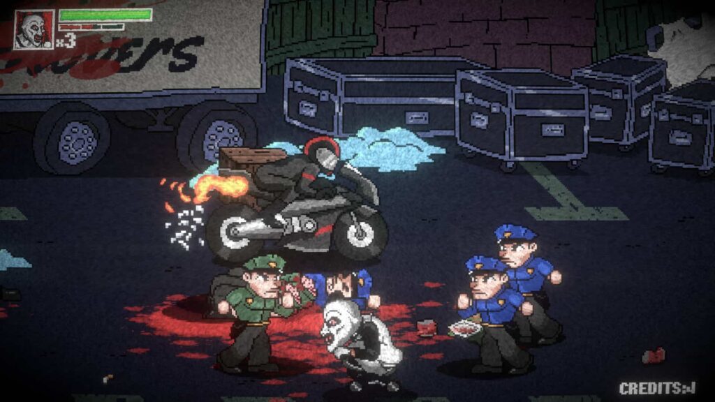 Pixel-art scene from Terrifier The ARTcade Game, showing a masked character on a motorcycle and several enemies in a dark alley