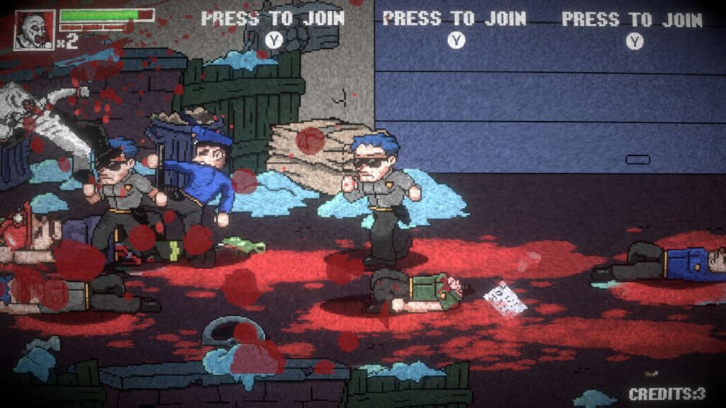 Pixel-art police officers fighting enemies in a bloody alley in Terrifier: The ARTcade Game