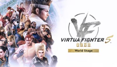 Promotional key art for Virtua Fighter 5 R.E.V.O. World Stage, showing Akira and other main fighters from the roster against a white and gold background with the VF5 logo.