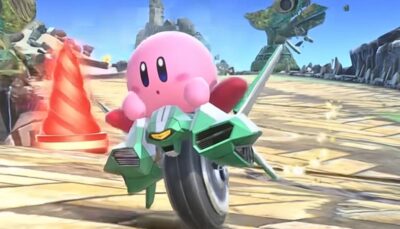 Kirby riding a green futuristic jet bike on a bright racetrack in Kirby Air Riders