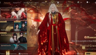 A character wearing the Musical Grace outfit stands in a glowing red display in Where Winds Meet. The robes shimmer with light as the shop preview highlights the new set