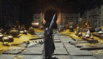 A warrior enters a treasure-filled temple chamber shimmering with gold in Where Winds Meet