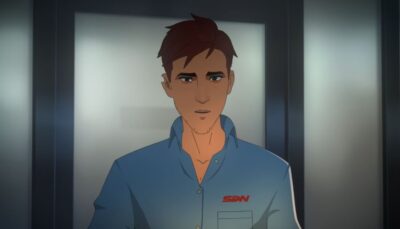 Animated man in a blue SDN uniform stands in an elevator with a serious expression in Dispatch.