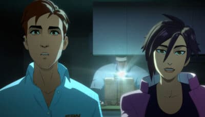 Two Dispatch characters, a man and a woman, look surprised