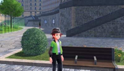 A young trainer stands near a park bench in a Paris-inspired city in Pokémon Legends Z-A.
