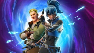 Two Fortnite Zero Hour heroes stand ready in front of a glowing rift, posing together with weapons drawn