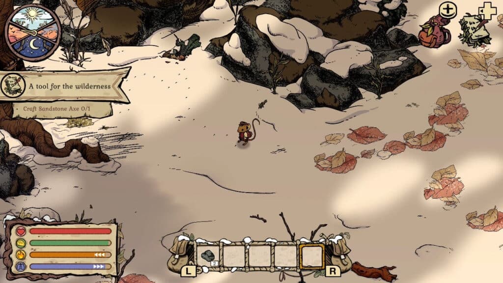 Player mouse exploring snowy forest and gathering materials in Winter Burrow