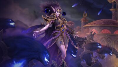 A powerful night elf sorceress from World of Warcraft surrounded by glowing void beasts, casting dark magic in front of elven buildings under a stormy sky