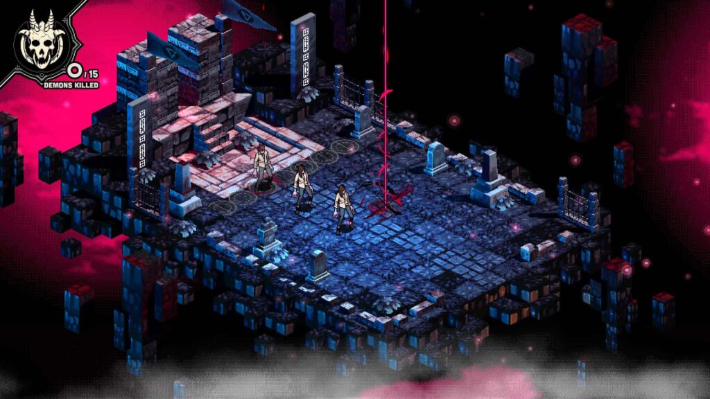 Demonschool の等角投影の戦場シーン。3 人のキャラクターが浮遊する墓地のプラットフォームに立っており、近くには赤いエネルギーの柱がある。