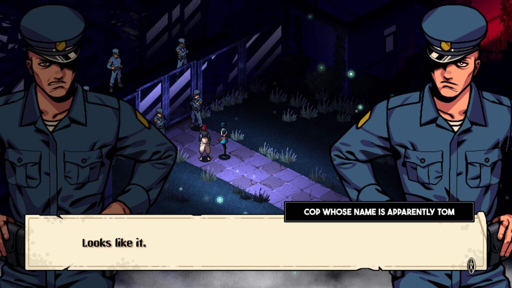 Demonschool の会話シーン。夜、柵で囲まれたエリアの近くで、2 人の警官がプレイヤーキャラクターと対面している。