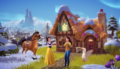 Snow White offers a pie to the player character outside her cozy snow-covered cottage in Disney Dreamlight Valley, with a friendly horse and a goose nearby.