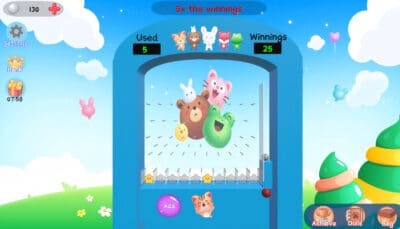 A colorful Happy Pinball screen shows marbles bouncing into cartoon animal slots during a 5x bonus round