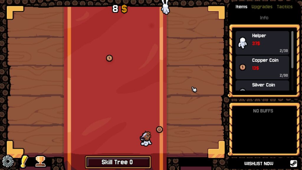 Gameplay screen from Gamblers Table showing the red play area with scattered coins, a small character at the bottom, and the item shop on the right side of the interface