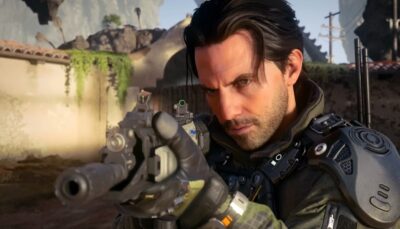 A soldier in Call of Duty: Black Ops 7 aiming a rifle with intense focus, standing in an outdoor environment with walls, vegetation, and rocky cliffs in the background