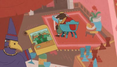 A scene from The Royal Writ showing a wizard with a plague-doctor mask holding a scroll, while a crowned mole king sits on a blue throne inside a colorful cartoon-style royal chamber