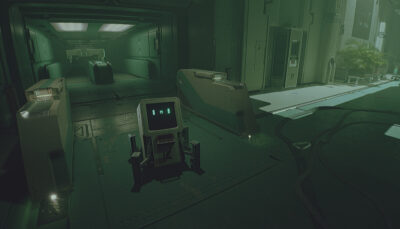 A small robot stands alone in a dimly lit space station hallway in Routine