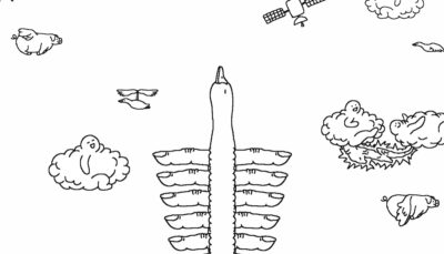 A tall goose in Tingus Goose rises into the sky among flying pigs and drifting clouds