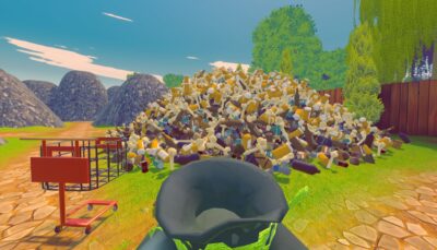 A giant pile of bottles and trash rises beside a cart in My Wife Threw Out My Card Collection