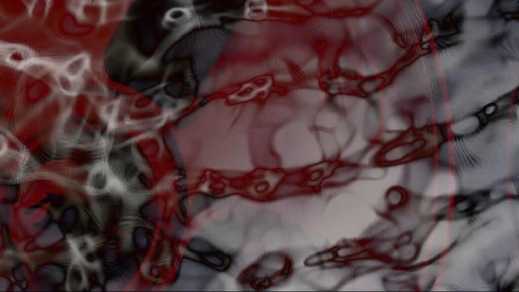 Swirling red and gray shapes create a hazy dreamlike effect in Sleep Awake