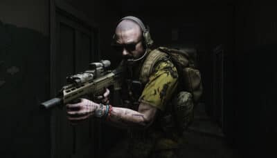 A heavily armed operator clears a dark corridor during a raid in Escape from Tarkov