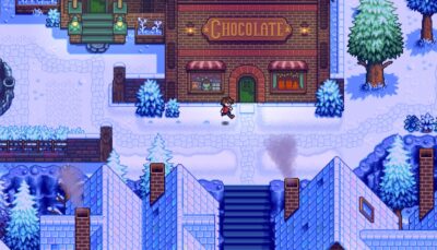 A character runs past a cozy chocolate shop covered in winter snow in Haunted Chocolatier