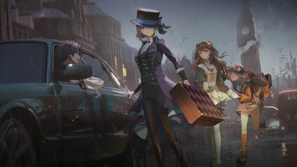 A Reverse 1999 scene shows characters stepping out of a car during a rainy night