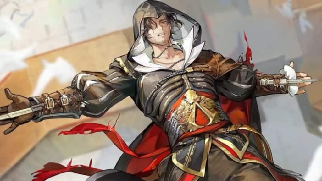 Reverse 1999 features a hooded fighter standing with blades extended in a dramatic pose