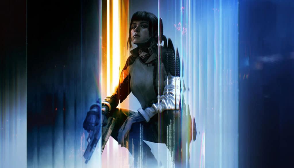 A futuristic operative steps through glowing digital light in COD Black Ops 7