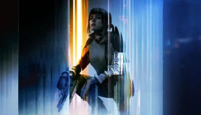 A futuristic operative steps through glowing digital light in COD Black Ops 7