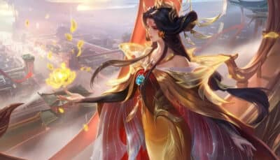 A divine female character overlooks an ancient city as golden energy flows around her in MLBB