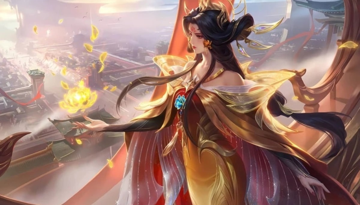 A divine female character overlooks an ancient city as golden energy flows around her in MLBB
