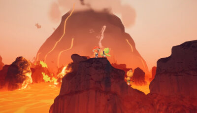 PEAK shows a group of adventurers standing on dark rocks as lava flows beneath an active volcano