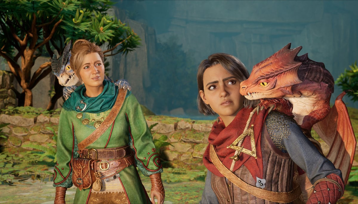 Two adventurers travel together with small dragon companions in a lush area of Split Fiction