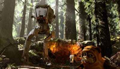 LEGO characters face an enemy walker in a forest scene in LEGO Star Wars: The Skywalker Saga