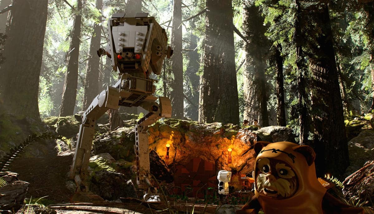 LEGO characters face an enemy walker in a forest scene in LEGO Star Wars: The Skywalker Saga