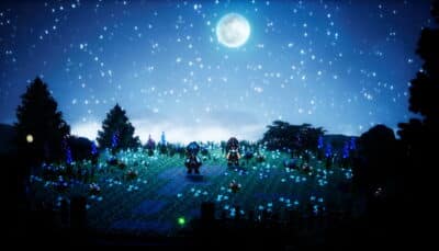 Characters explore a quiet landscape at night in Octopath Traveler 0 as part of the main adventure