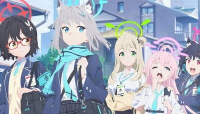 Blue Archive character artwork showing a group of students walking together in a city environment