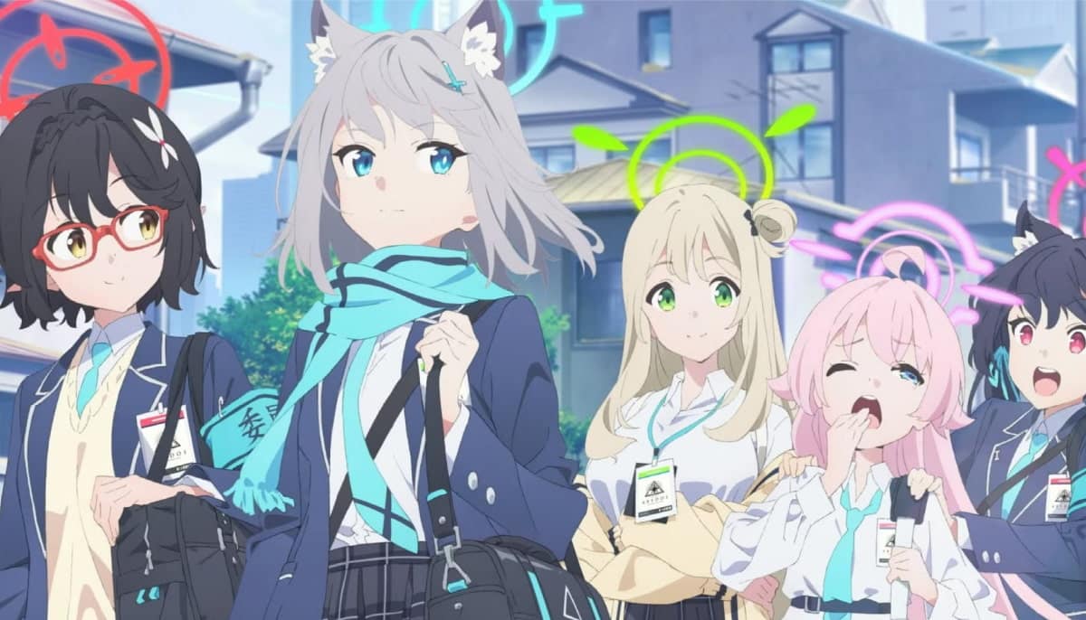 Blue Archive character artwork showing a group of students walking together in a city environment