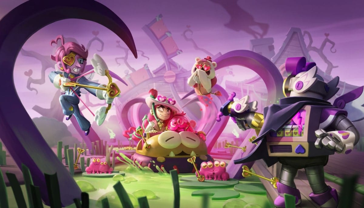 Whimsical fighters clash in a surreal heart themed arena filled with playful chaos in Brawl Stars